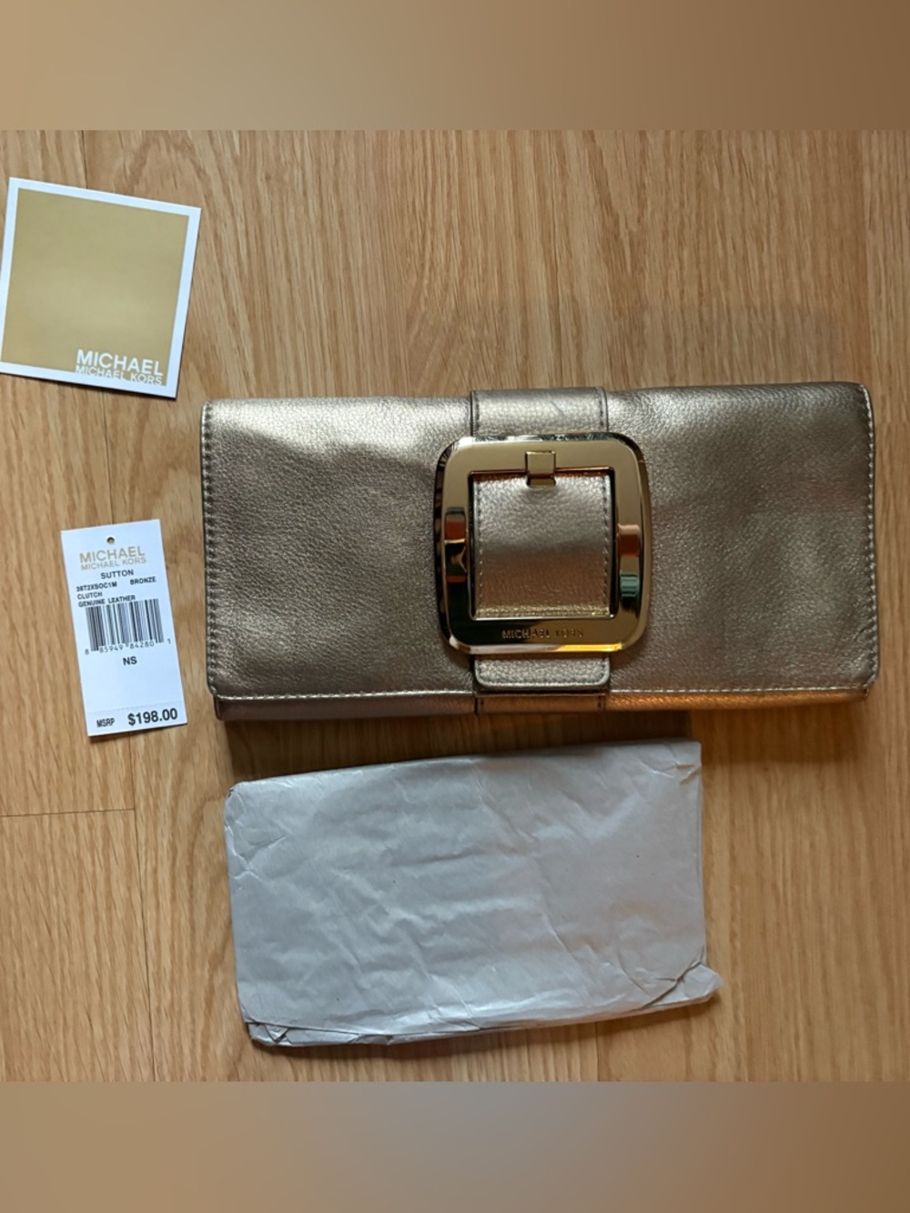 NWT- Michael Kors Gold Leather Buckle Clutch